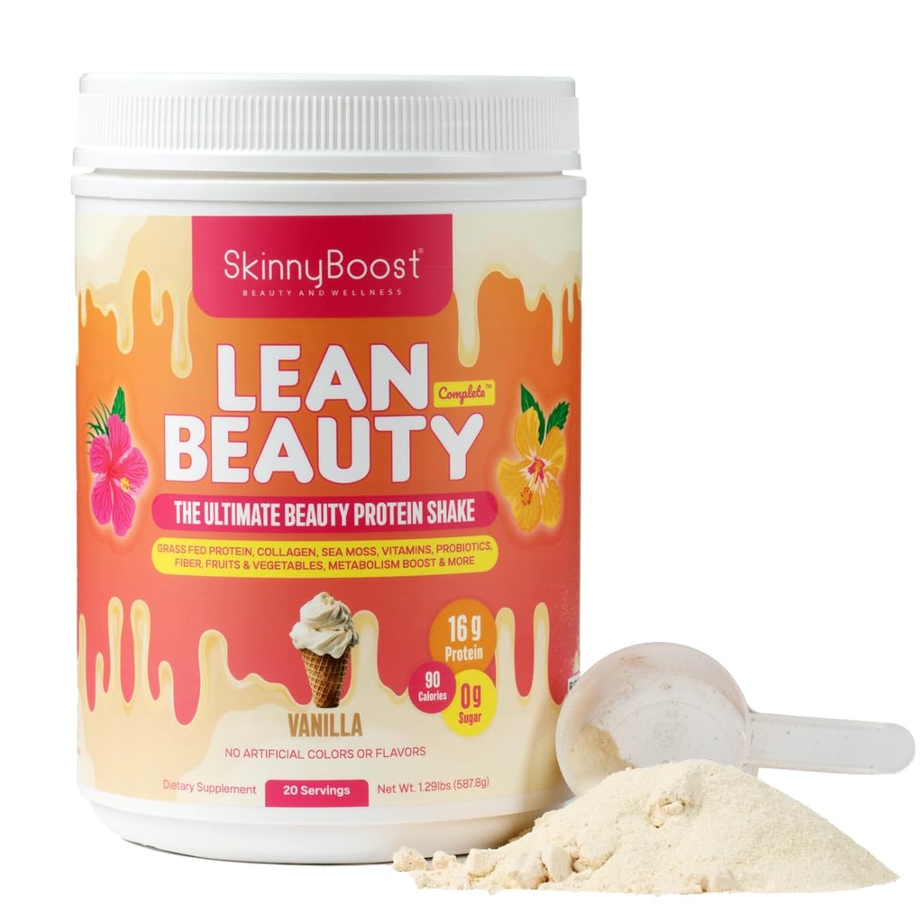 Lean Beauty Collagen Protein Shake – Vanilla | Meal Replacement Powder with Grass-Fed Whey, Hydrolyzed Collagen, Vitamins, Fiber & Beauty Nutrients | Supports Hair, Skin & Nails | Sugar-Free, All-Natural, 20 Servings
