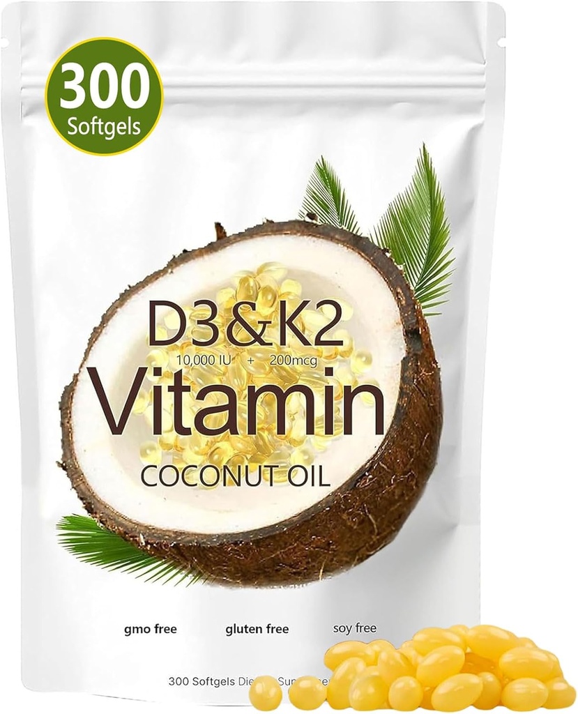Vitamine D3 K2 Softgel, D3 K2 Vitamine 10000 UI, 10000 UI VIT D3 + 200 MCG Vitamine K2, Exempte d'OGM, de gluten, de soja, de santé osseuse, soutient l'absorption de calcium, 300 gels
