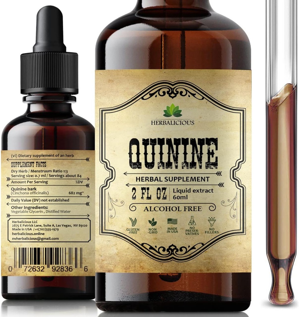 Extrait liquide de quinine 2oz – Relief du syndrome des jambes sans repos et des crampes PM Relief de la crampe nocturne – Teinture d'écorce Cinchona Officinalis tout naturel pour la défense des crampes, la santé digestive et le soutien immunitaire