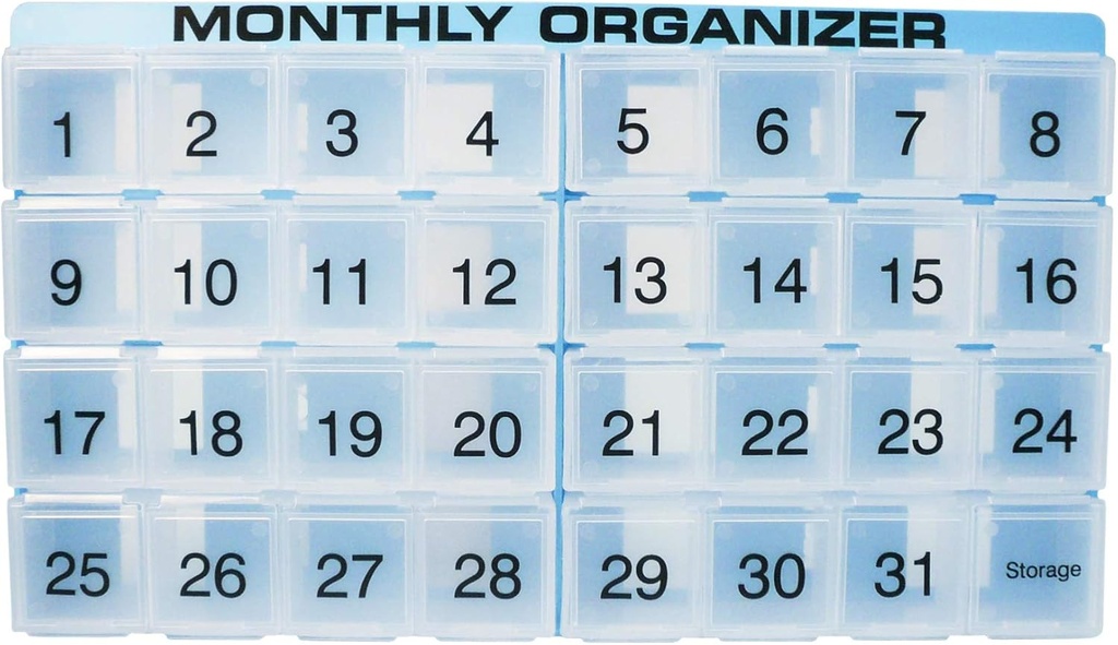 Monthly Pill Organizer | 31 compartments, 1 per Day, 4 Week Full Month 31 Day Pill Organizer | Includes Tray and 8 Removable compartments