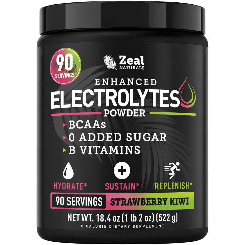 Zeal Naturals Electrolyte Powder Recovery Drink (90 portions) w 0 Sucre + BCAAs + B-Vitamines Electrolyte Supplément w Potassium Zinc & Magnésium pour l'hydratation - Keto Electrolytes
