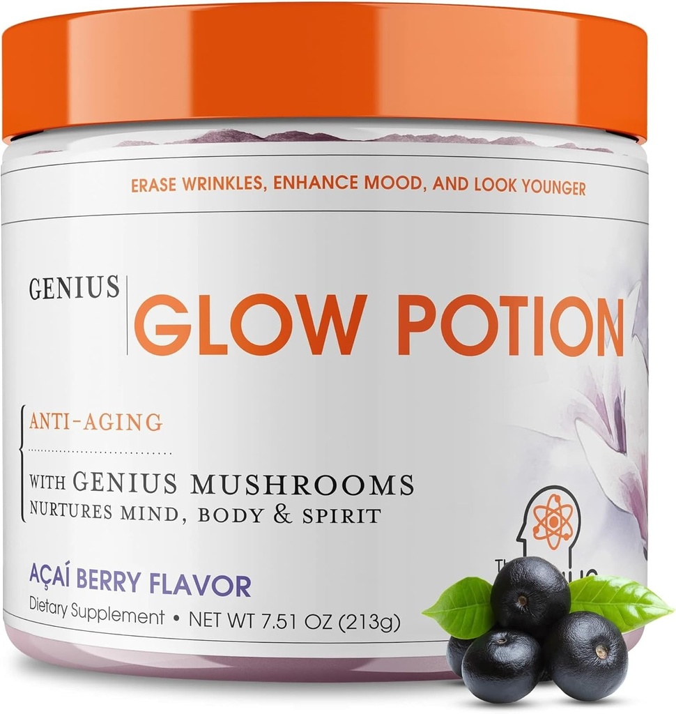 The Genius Brand Genius Glow Potion - Supplément de soin quotidien pour la peau glorieuse - Soutient l'hydratation, l'élasticité, la santé immunitaire et la fonction cérébrale - Powered by Nootropics - Acai Berry - 30 portions
