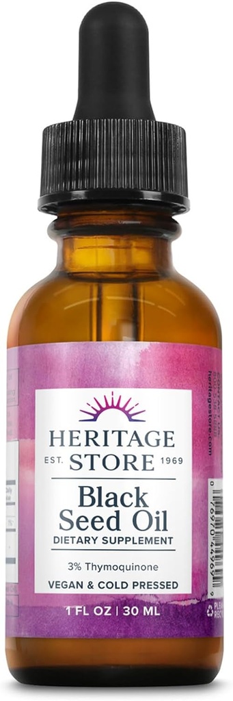 HERITAGE STORE Huile de graines noires avec 3 % de thymoquinone, oméga 6 9 - Nigella Sativa Huile liquide, pressée à froid à partir de graines noires, articulations, digestion et soutien immunitaire, végétalien, garantie de 60 jours, 30 Serv, 1 fl oz