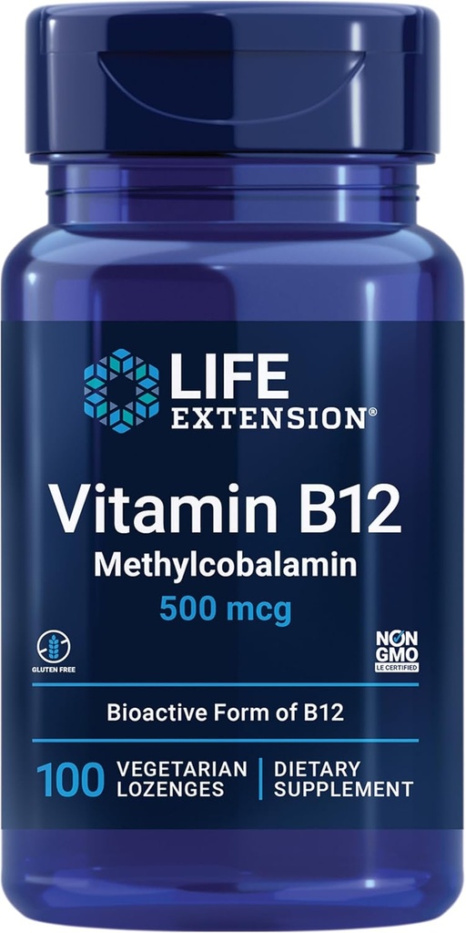 Durée de vie Vitamine B12 méthylcobalamine 500mcg - Supplément de vitamine B12 pour l'énergie générale et la santé du cerveau - Lozanges végétariennes sans sucre dissous dans votre bouche - Une fois par jour - 100 Compte