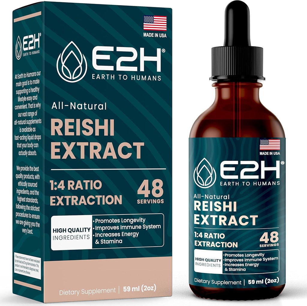 Supplément de champignons Reishi - Absorption plus rapide que les capsules ou la poudre de champignons Reishi - Notre extrait de champignons Reishi favorise la longévité - Teinture de champignons Reishi - 2 Fl Oz par E2H