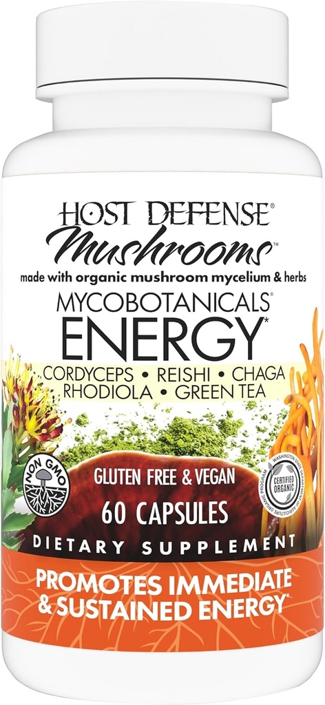Host Defense MycoBotanicals Energy* Capsules - Energy & Respiratory Support Supplement - Herbal Green Tea Capsules - Respiratory Supplement with Cordyceps, Reishi & Chaga - 60 Capsules (30 Servings)*
