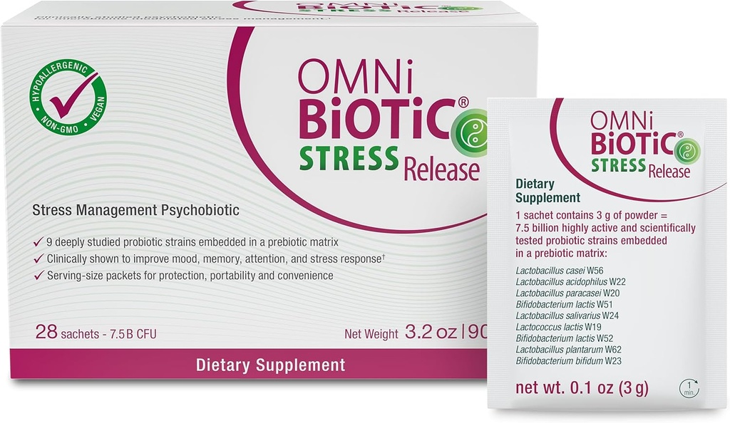 OMNi BiOTiC Stress Release - Probiotique testé cliniquement pour la gestion du stress et le soutien de l'axe du gant - Probiotique du stress et probiotique de l'humeur - Vegan, non-OGM (28 paquets quotidiens)