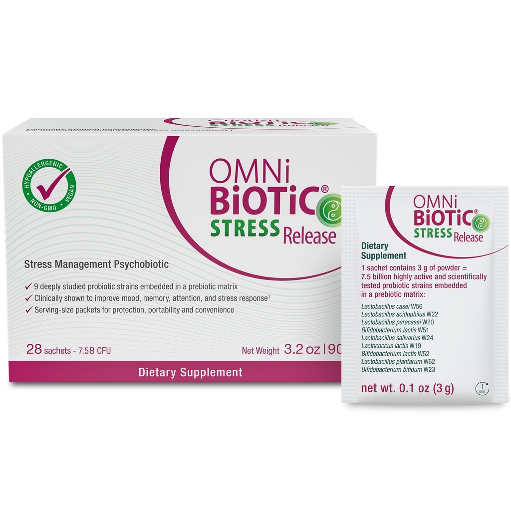 OMNi BiOTiC Stress Release - Probiotique testé cliniquement pour la gestion du stress et le soutien de l'axe du gant - Probiotique du stress et probiotique de l'humeur - Vegan, non-OGM (28 paquets quotidiens)