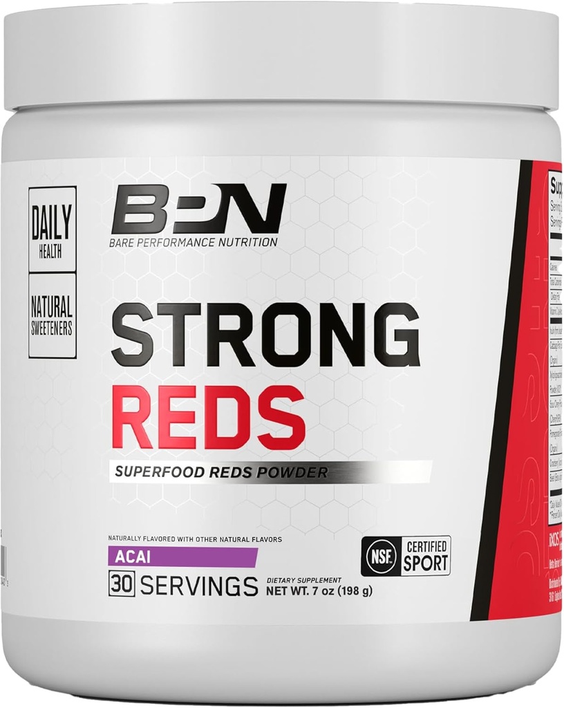BARE PERFORMANCE NUTRITION, BPN Reds Strong Superfood Powder, enzymes digestives, antioxydants, énergie naturelle améliorée, 30 portions, acai
