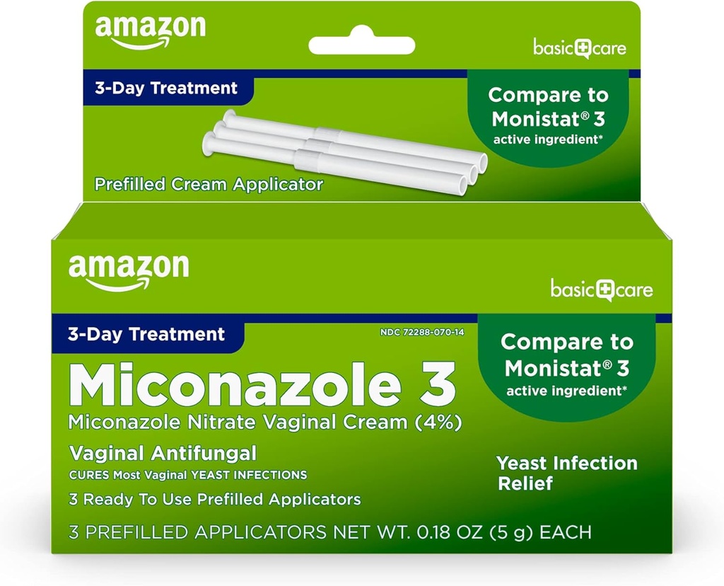 Amazon Basic Care Miconazole Nitrate Crème vaginale (4 pour cent), Traitement de l'infection à levures de 3 jours pour les femmes, 0,18 once - 3 nombres (paquet de 1)