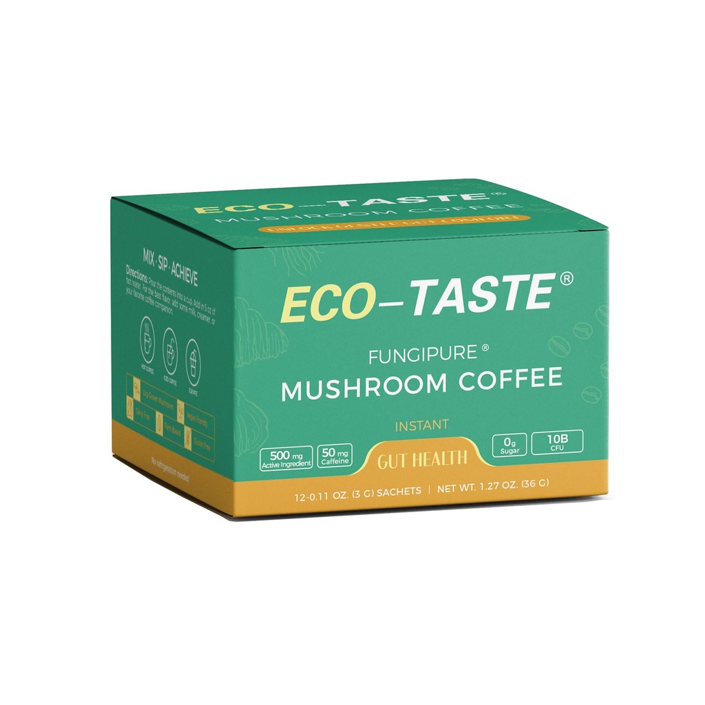 Mélange de café de champignons ECO-TASTE, conçu pour Gut-Health avec Chaga, Lion's Mane, Turkey Tail, Yacon et Probiotiques – 12 sachets