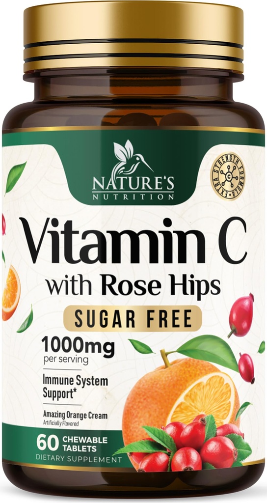 Vitamine C Chewable 1000mg - Antioxydants extra-résistants pour le puissant soutien immunitaire avec/Vitamine C & Rose HIPS - Potent Dietary VIT C Chews Supplément, naturel orange aromatisé, végétalien, non-OGM - 60 comprimés