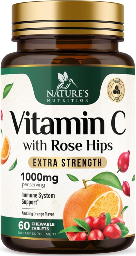 Vitamine C Chewable 1000mg - Antioxydants extra-résistants pour le puissant soutien immunitaire avec/Vitamine C & Rose HIPS - Potent Dietary VIT C Chews Supplément, naturel orange aromatisé, végétalien, non-OGM - 60 comprimés