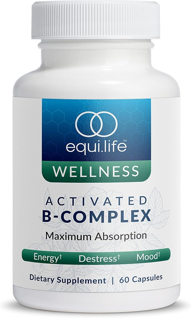 Complexe B activé Equilife, supplément diététique complexe Super B avec Biotin, Inositol, B12 & B6, Choline & Folate pour soutenir l'énergie et les cheveux, la peau, la santé des ongles, sans gluten, végétalien, non OGM, 60 capsules