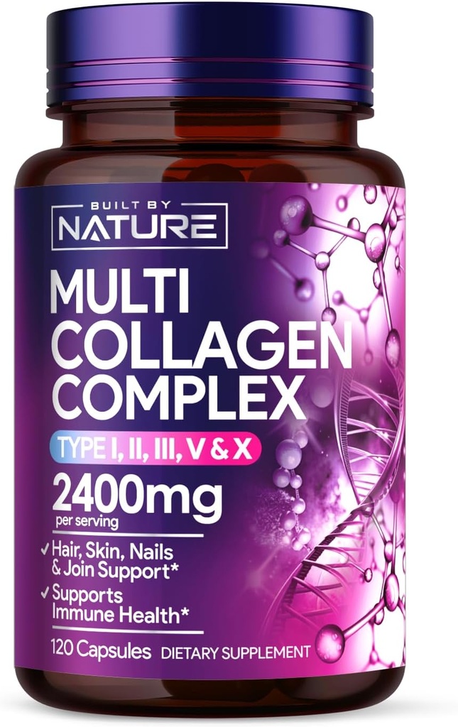 Construit par les pilules de collagène de nature – Supplément complexe multicollagène peptides pour les femmes – Type I, II, III, V, X pour les cheveux, la peau, les ongles, les articulations et la santé des os - Hydrolysé, gazon - 120 capsules