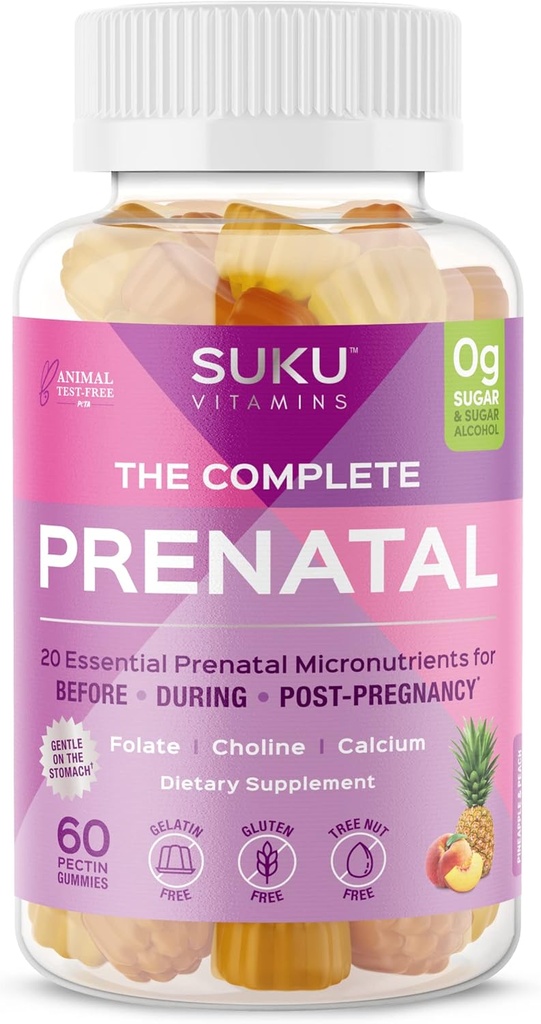 Gummies multivitamines prénatales SUKU – Folate, Calcium, Vitamine D3, B12, K2 – Sans sucre, Végétarien, sans gluten Soutien à la grossesse – Flaveur de pêche ananas – 60 Nombre
