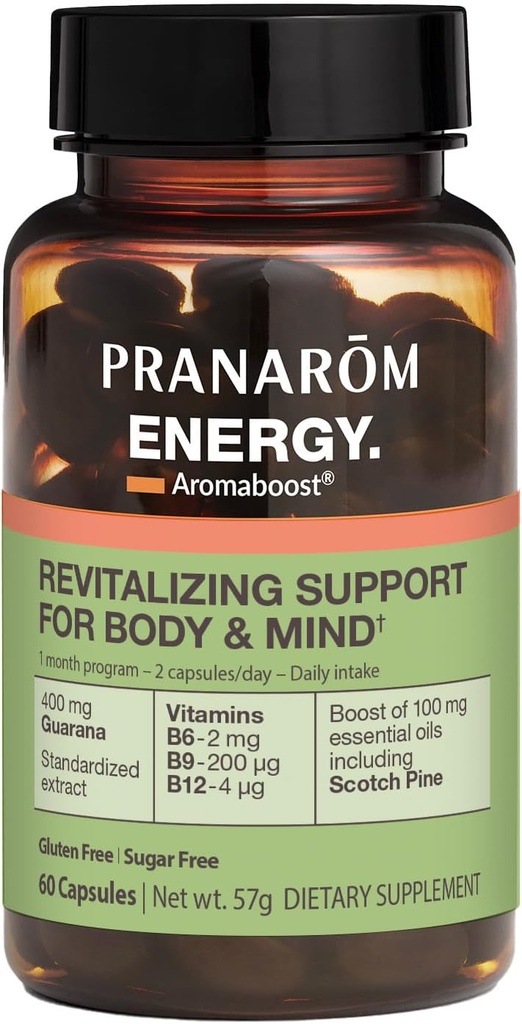 Pranarom - Supplément à base de plantes Aromaboost Energy - pour la fatigue physique et mentale - Guarana - Vitamines B6 B9 B12 - Huile essentielle de pin d'écossais pur - 60 Compte