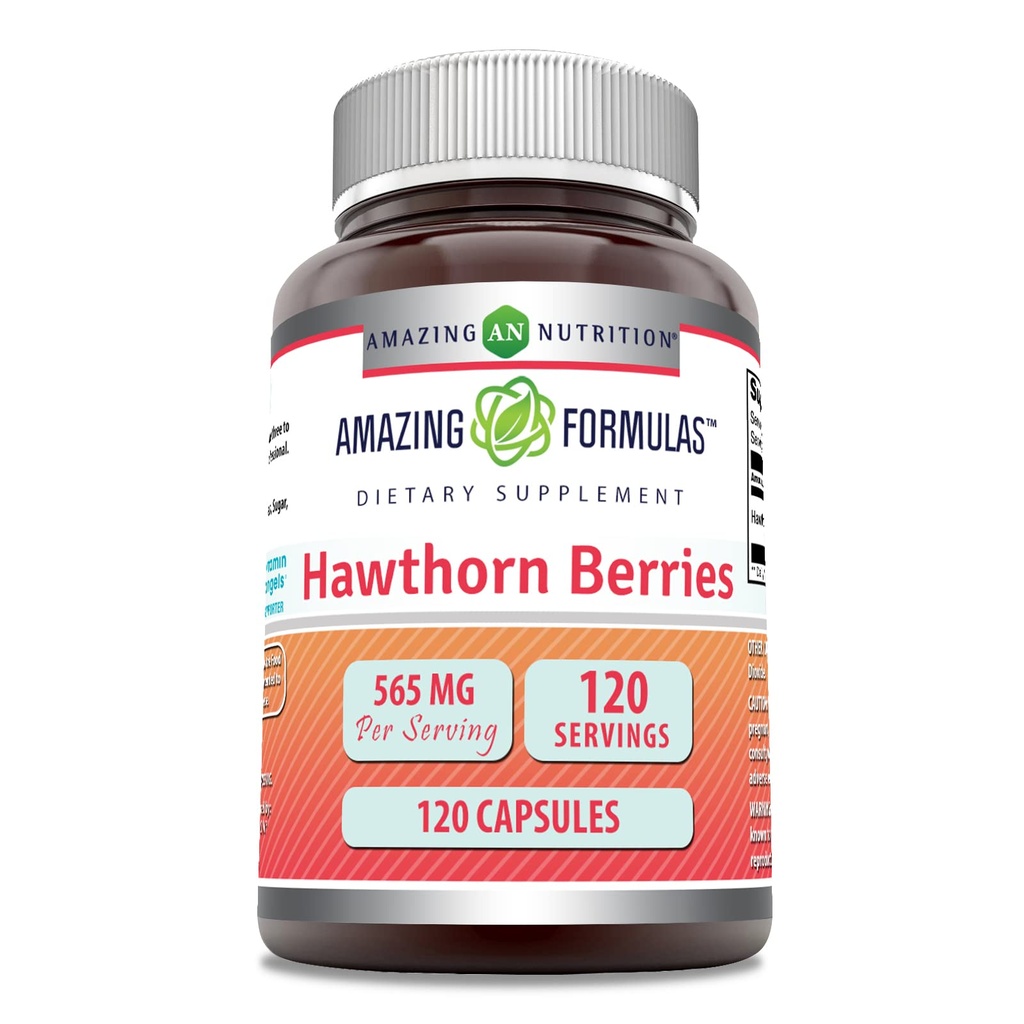 Formules étonnantes Hawthorn Berries Supplément de 565 Mg par service de 120 capsules non-OGM
