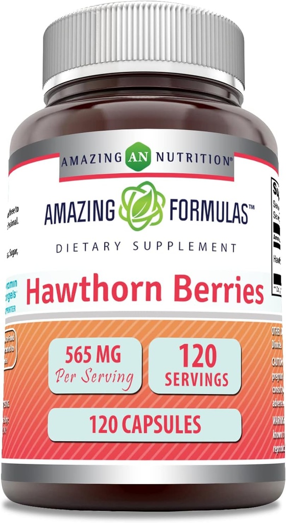 Formules étonnantes Hawthorn Berries Supplément de 565 Mg par service de 120 capsules non-OGM