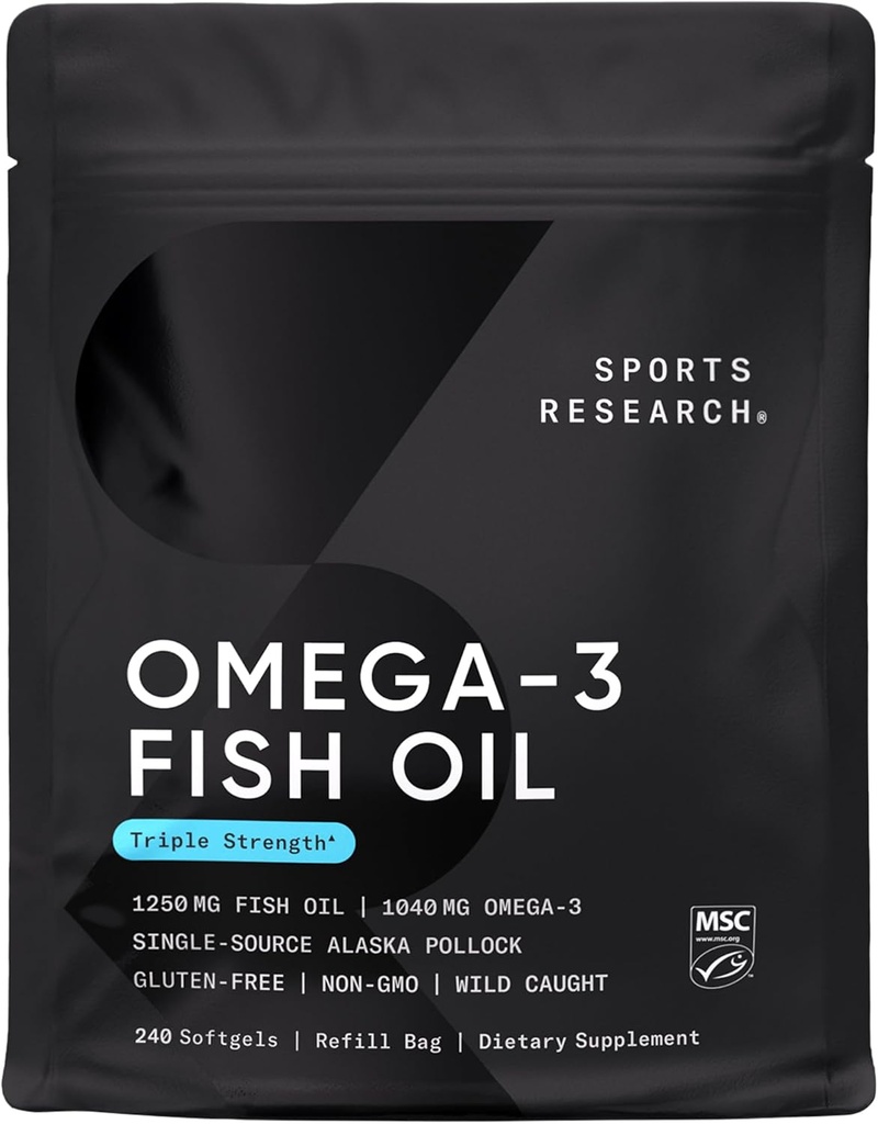 Recherche sportive Huile de poisson Triple Strength Omega 3 - Supplément d'huile de poisson sans Burpless w/EPA & DHA Acides gras de l'Alaska sauvage Pollock - Soutien cardiaque, cérébral et immunitaire pour les hommes et les femmes - 1250 mg, 240 ct