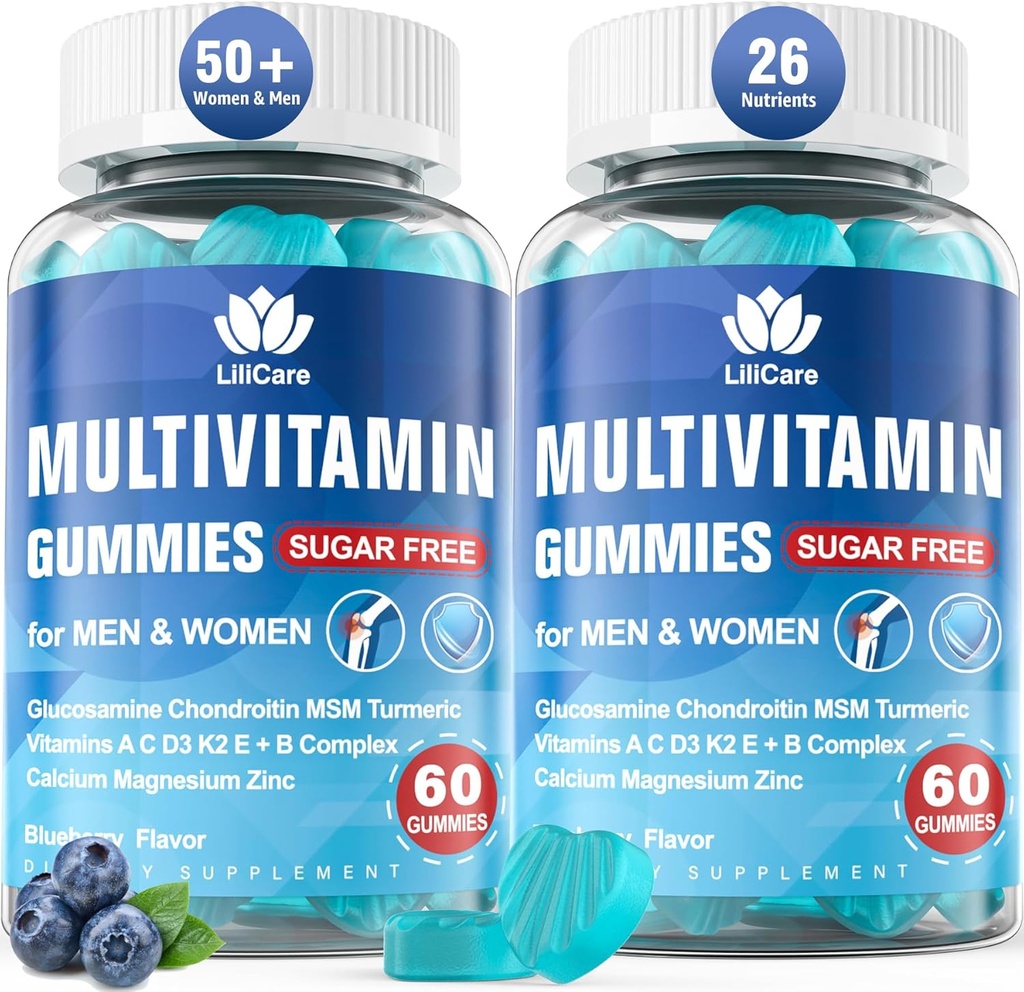 Multivitamines méthylées pour les hommes/femmes Gummées, hommes/femmes Multivitamine 50 Plus, avec Glucosamine Chondroïtine MSM Echinacea Sans sucre Multivitamines à croquer B D3 K2 A C E pour les adultes Aînés, 120 Cts
