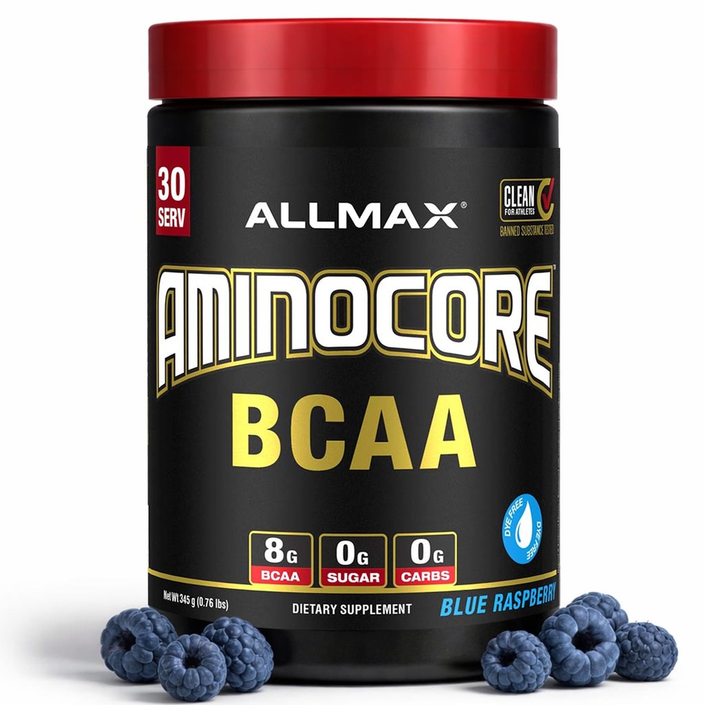ALLMAX AMINOCORE BCAA Powder for Workout Muscle Recovery & Increased Endurance - Sugar Free, No Fillers 8.18 Grams Bcaas Amino Acids, B Vitamins for Women and Men - 30 Servings | Blue Raspberry, 345g