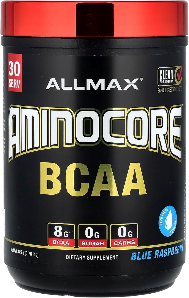 ALLMAX Nutrition AMINOCORE BCAA – 8G BCAAs – Acides aminés enchaînés 100% branches pures – Sans gluten - Framboise bleue - 315 Gram