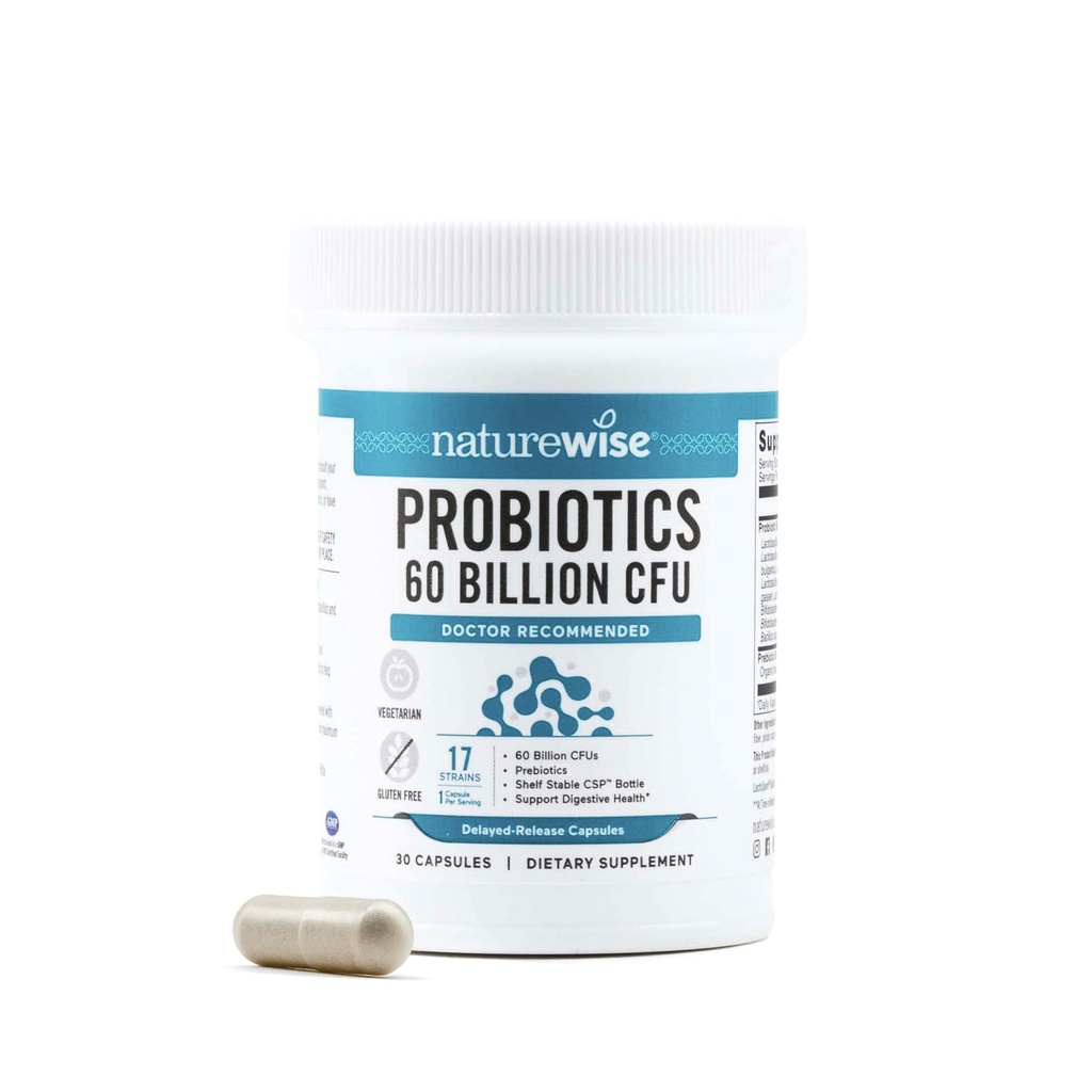 NatureWise Probiotics 60 milliards CFU - 17 souches + prébiotiques organiques - Soutien à la santé immunitaire, digestive et gustative pour les femmes et les hommes - Végétarien, sans gluten, non OGM - 30 capsules[1-Mois]