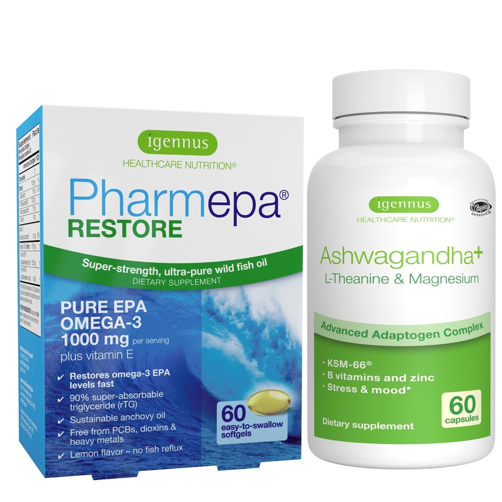Igennus Pharmepa Restore + Ashwagandha+ L-Theanine & Magnésium Bundle, 1000mg Pure EPA Omega-3 Huile de poisson + 600mg KSM-66 Complexe adaptogène Ashwagandha avec vitamines Zinc & B, mood & Stress Support