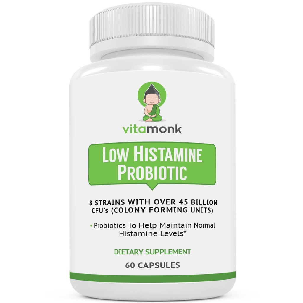 VitaMonk Low Histamine Probiotics Lutter contre l'intolérance à l'histamine et soutenir la santé équilibrée des intestins - Probiotique sans histamine pour ceux qui cherchent à améliorer la santé avec le contrôle de l'histamine -60 capsules