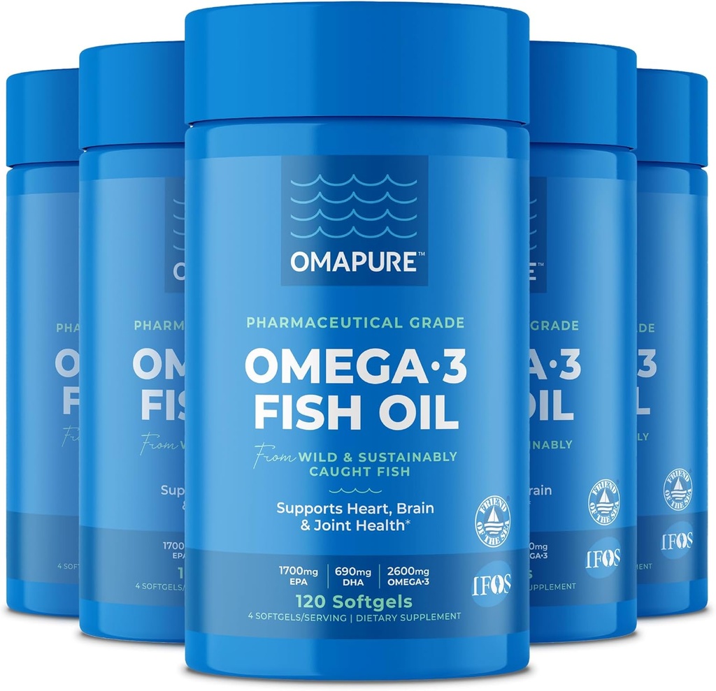 Suppléments d'huile de poisson avec acides gras Omega 3 (5 bouteilles, 120 softgels) - Haute EPA, DHA et IFOS Piles d'huile de poisson soutenir le coeur et la santé articulaire - Huile de poisson sans Burpless favorise la fonction cérébrale