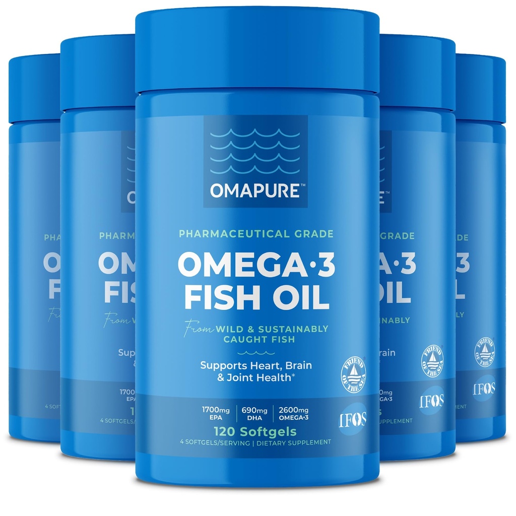 Suppléments d'huile de poisson avec acides gras Omega 3 (5 bouteilles, 120 softgels) - Haute EPA, DHA et IFOS Piles d'huile de poisson soutenir le coeur et la santé articulaire - Huile de poisson sans Burpless favorise la fonction cérébrale