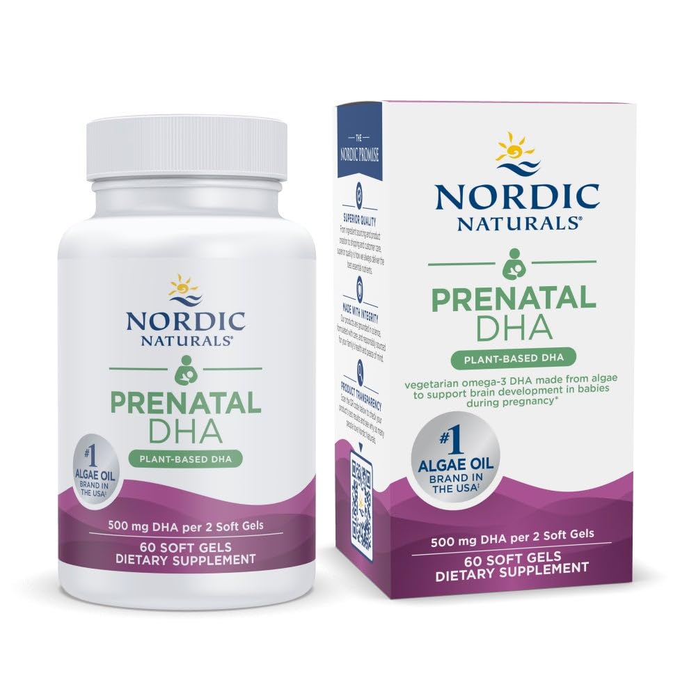 Nordic Naturals Vegan Prenatal DHA, non aromatisé - 60 gels souples - 500 mg DHA à base végétale - soutient le développement du cerveau chez les bébés et la grossesse en santé - non-OGM - 30 portions