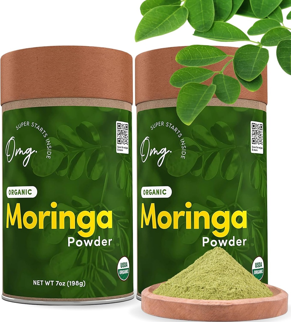 OMG ! Superaliments Poudre de moringa pure et biologique - USDA certifié Moringa Oleifera, grande source de calcium, fer, vitamines A & E - 7 Oz (2 pack)