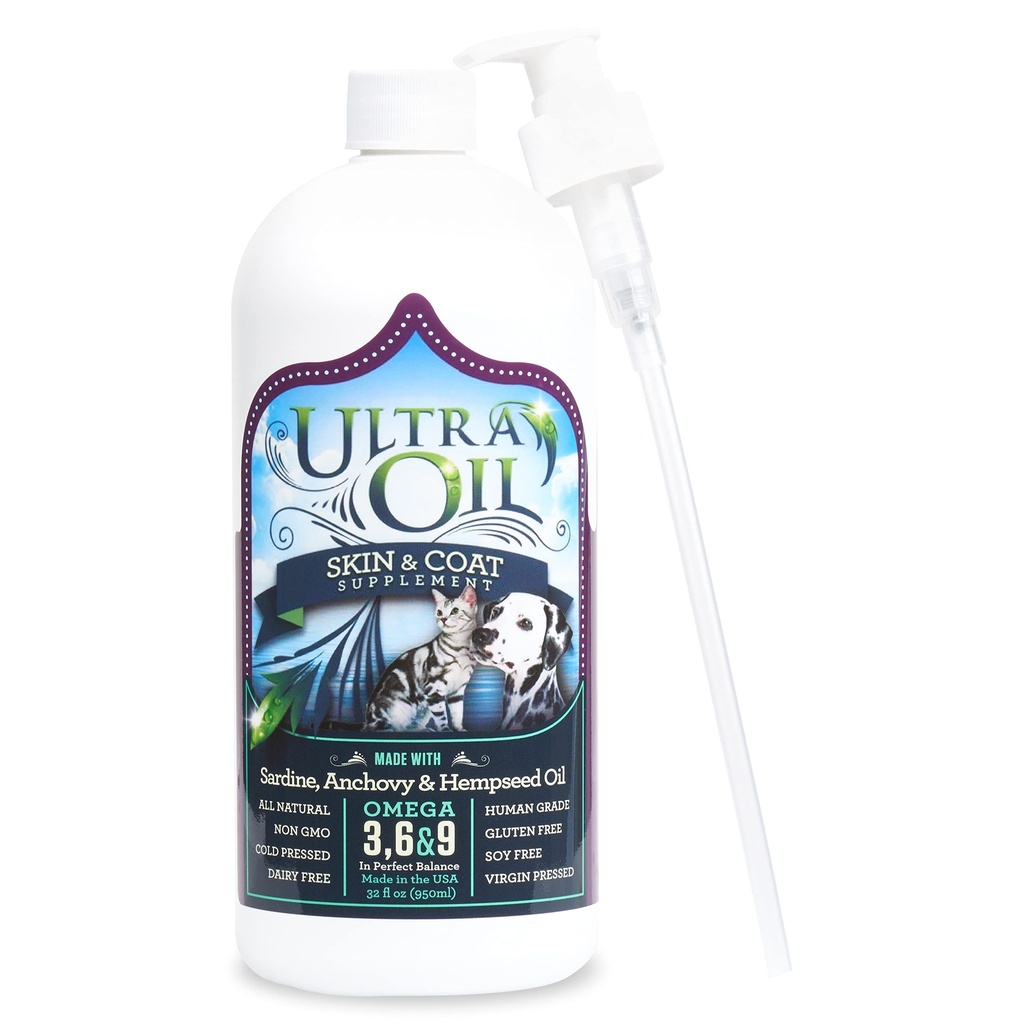 Supplément pour chien et chat ultra-huile avec chanvre, lin et huile de poisson - 32 oz - Pour peau sèche, manteau douille, taches chaudes, pellicules, allergies