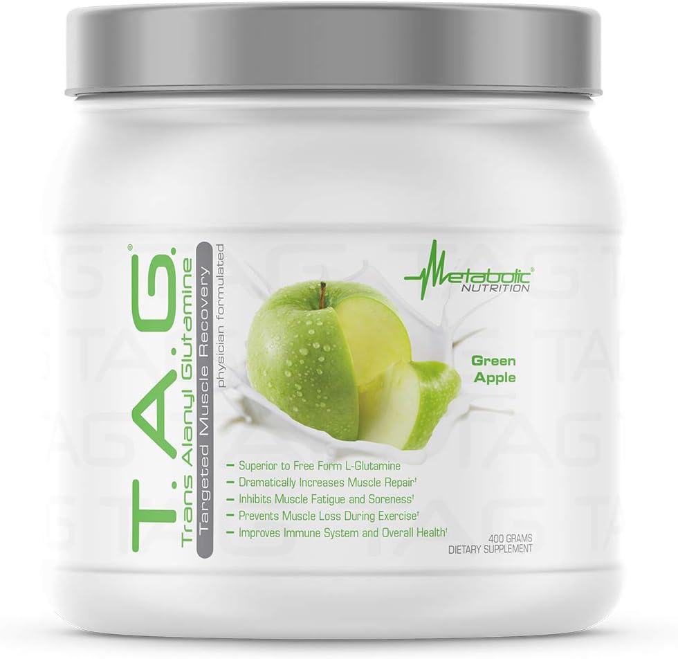 Metabolic Nutrition, TAG, Trans Alanyl Glutamine, 100% L-Glutamine Peptide Powder, Pre Intra Post Workout Supplement, 400 Grams (40 Servings) (Green Apple)