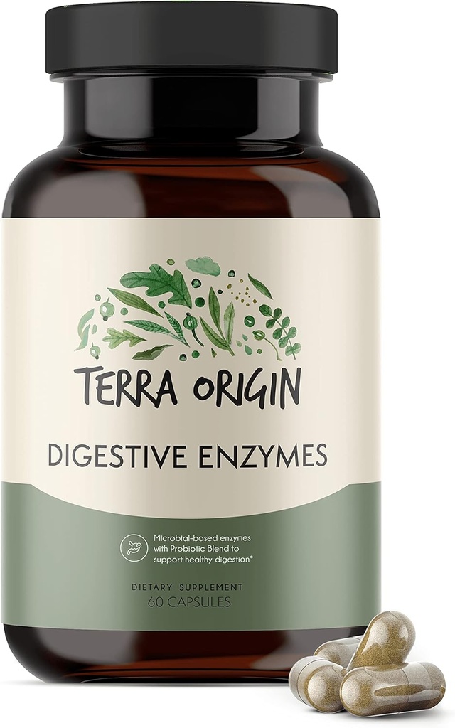 ORIGINE TERRA Enzymes digestifs avec probiotiques et prébiotiques 60 Capsules Supporte la santé des Guts Digestifs