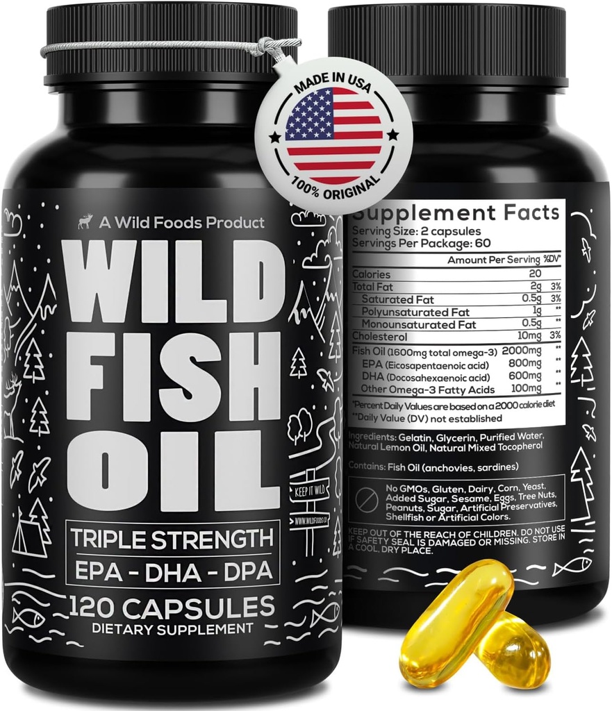 Wild Foods Omega 3 Fish Oil Supplement, 120 Capsules (1 pk) | Wild Caught, Burpless, Odorless, Non-GMO, Gluten Free | DPA, DHA, EPA Triple Strength Heart & Joint Nutrition for Women & Men