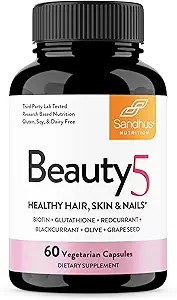 Sandhu's Beauty5 Capsules 60 Capsules végétariennes 30 portions Supplément soin de la peau Supplément pour cheveux, peau et ongles- soutient la synthèse collagène