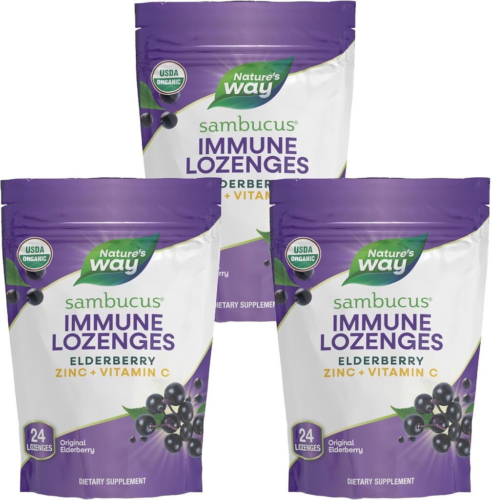 Nature's Way Sambucus Immune Lozenges, Zinc + Vitamine C, Extrait de mûrier noir, USDA certifié biologique, Aromatisé aux baies d'origine, 24 Lozenges (paquetage mai vary) - 3 pack