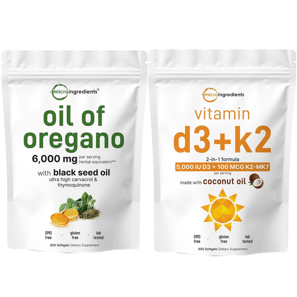 Micro-ingrédients Huile d'Oregano Softgels 6 000mg Par portion et vitamine D3 5000 UI Plus K2 (MK-7) 100 mcg, 300 Huile de coco vierge Softgels Pack d'emballages