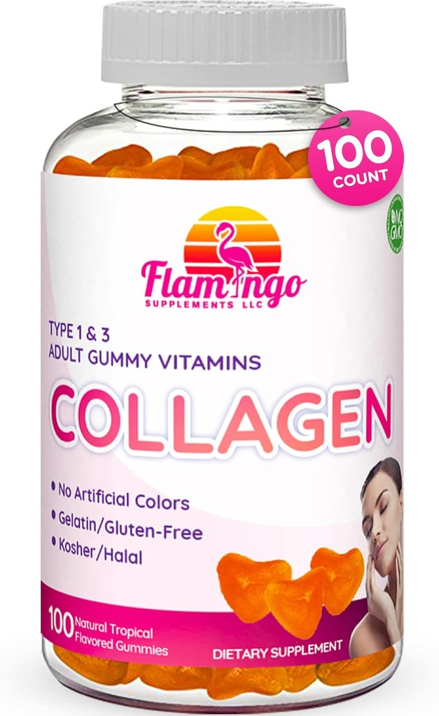 Collagène Gommies - Collagène marin naturel pour les femmes, et suppléments de collagène pour les cheveux de peau, les ongles- Hydrolysed Type 2 & 1 3- Remplacer les pilules et les poudres - Pas de gélatine, Kosher, Halal- 100 Ct.