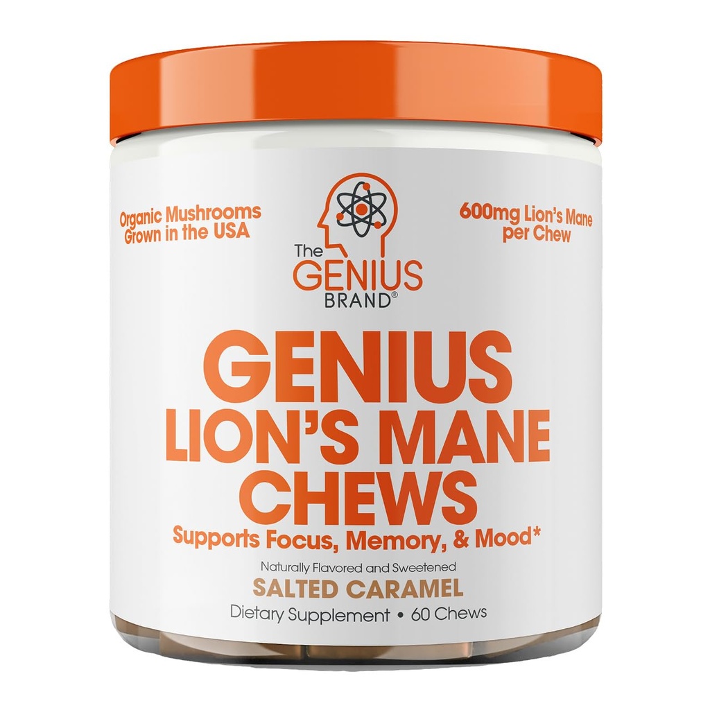 Genius Lion's Mane Soft Chews Supplément – Nootropic Mushroom for Focus, Clarity, Memory, Energy, Cerveau Health Support – Saveur caramel salée
