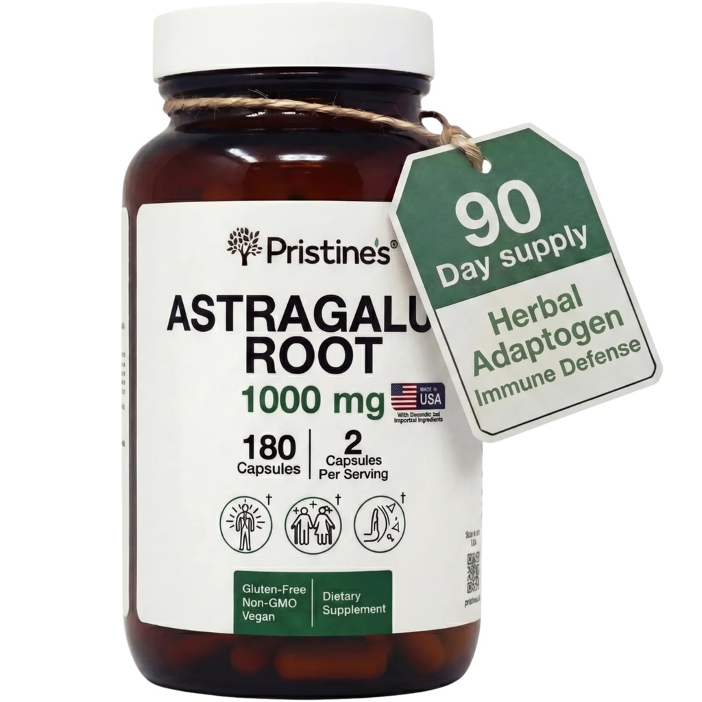 PRISTINE Astragalus Racine Supplément de soutien immunitaire Capsules - 1000mg 90 jours d'approvisionnement Adaptogène à base de plantes - Vieillissement en santé, santé cardiaque et pulmonaire