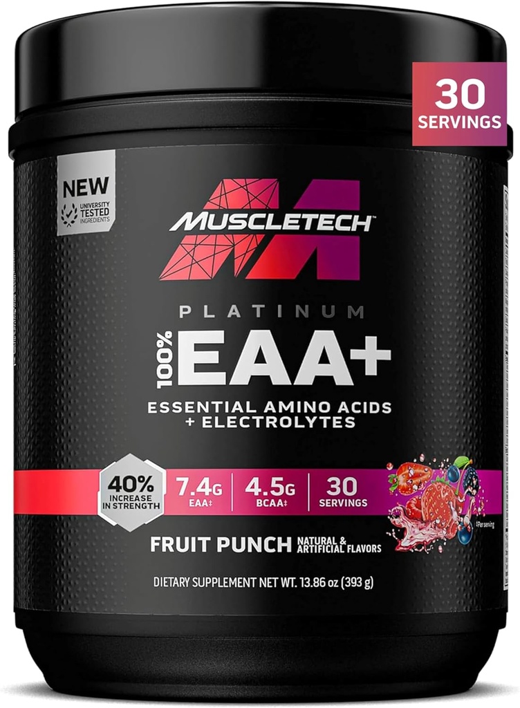 Supplément aux acides aminés essentiels MuscleTech Platinum avec électrolytes, punch aux fruits - Poudre de pré-entraînement pour l'énergie, la croissance musculaire et le renforcement des forces - Complexe EAA pour hommes et femmes - 30 portions