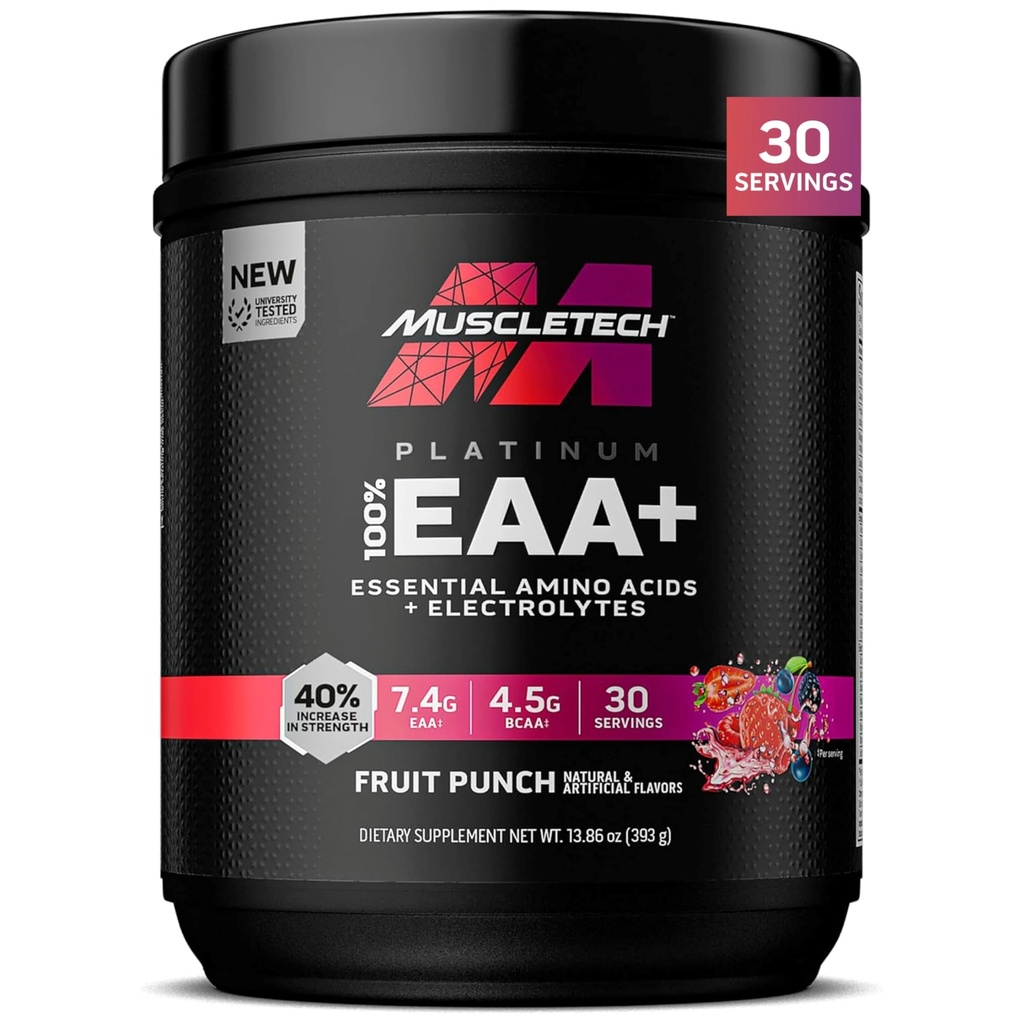 Supplément aux acides aminés essentiels MuscleTech Platinum avec électrolytes, punch aux fruits - Poudre de pré-entraînement pour l'énergie, la croissance musculaire et le renforcement des forces - Complexe EAA pour hommes et femmes - 30 portions
