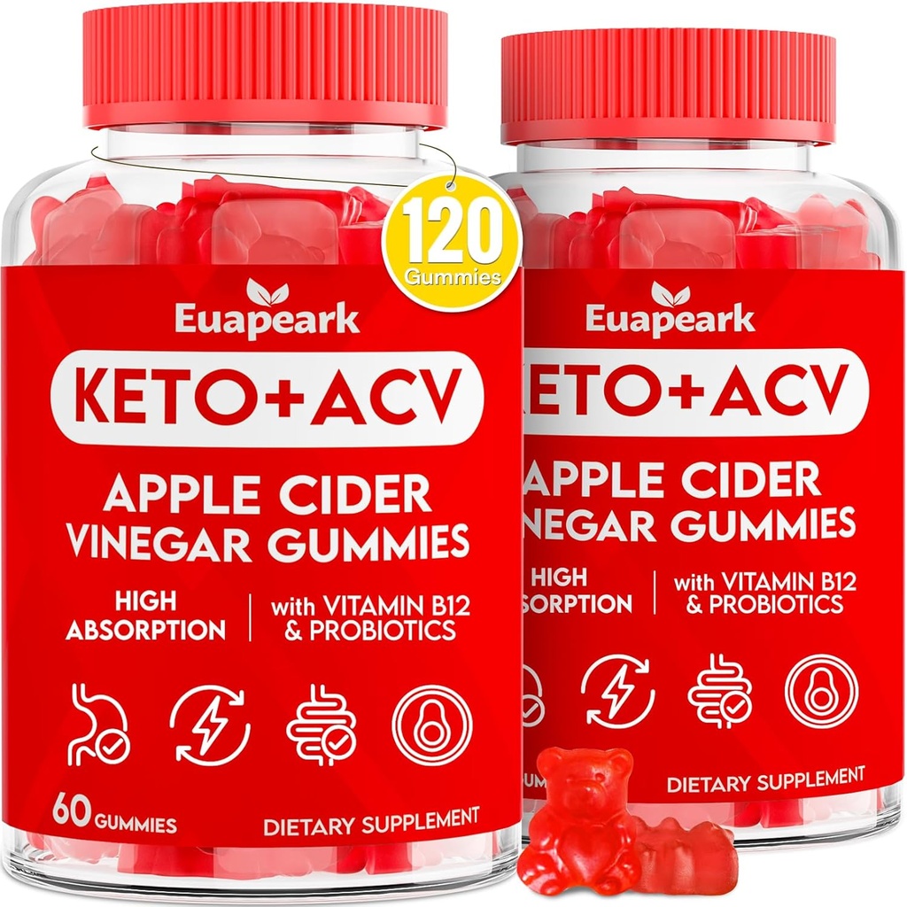Gummées de vinaigre de cidre de pomme, Gummées de vinaigre de cidre de pomme, Gummées de vinaigre de cidre de pomme avec probiotiques, soutien de vitamine B12 et de kéto, 2000 mg de vinaigre de cidre de pomme avec mère pour la digestion, métabolisme, nettoyage et détox Diet, végétalien, faible sucre, 120 comtes