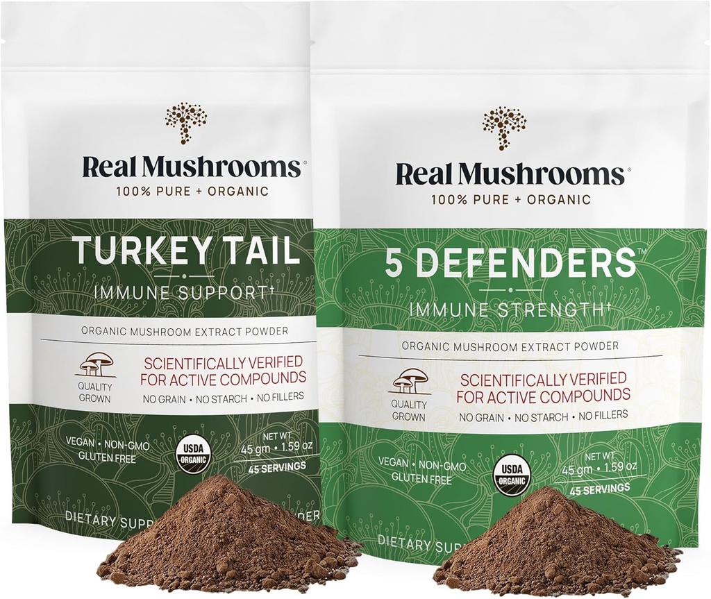 Real Mushrooms Turkey Tail (45g) et 5 Defenders (45g) Mushroom Extract Powder Bundle - Supplément de Champignon pour Immune Strength - Vegan, Supplément d'immunité non-OGM