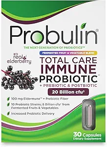 Probuline Total Care Immune = Prébiotiques + Probiotiques + Postbiotiques + Elderberry à l'appui de la santé immunitaire et gustative - 20 milliards CFU - 10 souches probiotiques, 30 capsules véganes