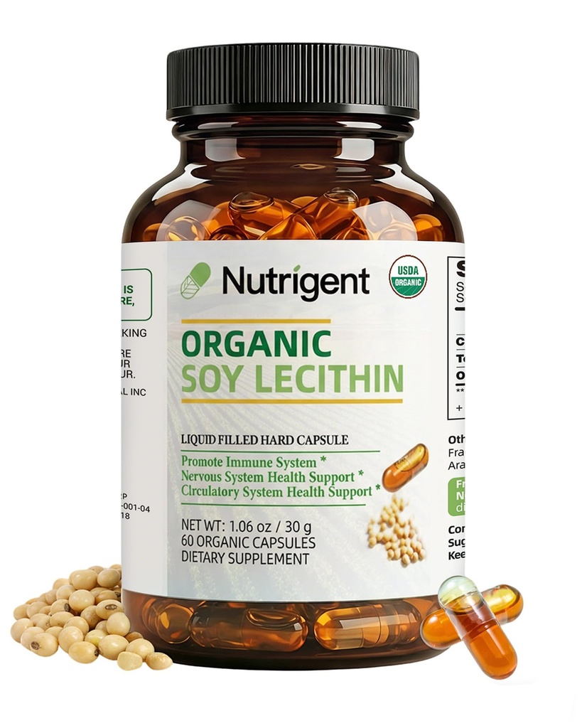 USDA Organic Soy Lecithin Supplement 800 mg, High Absorption Liquid Organic Capsules, Choline Lecithin Supplement for Brain & Liver Health Support, Non-GMO, Gluten Free, 60 Count